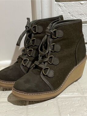 Merona Olive Suede Lace-Up Wedge Booties